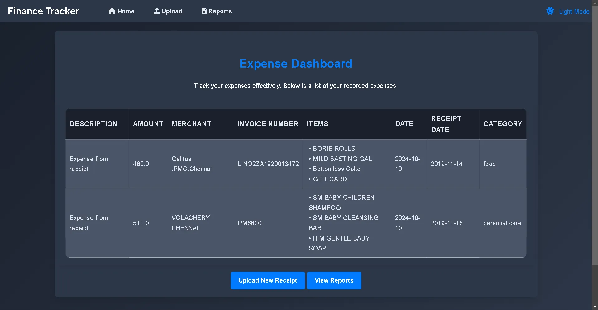 Finance Tracker expense dashboard listing items read from two receipts