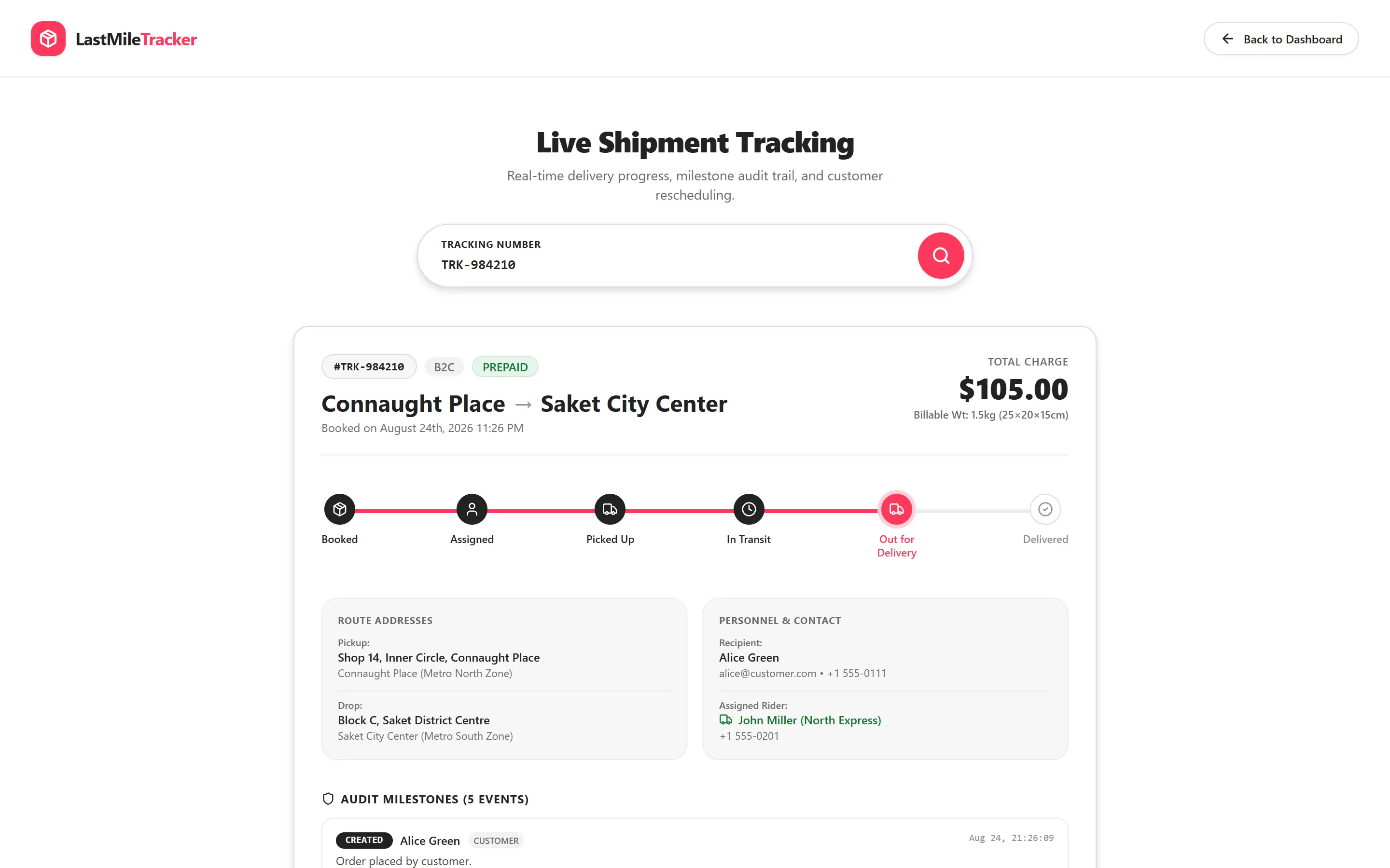 Public tracking page for an order, with its status timeline